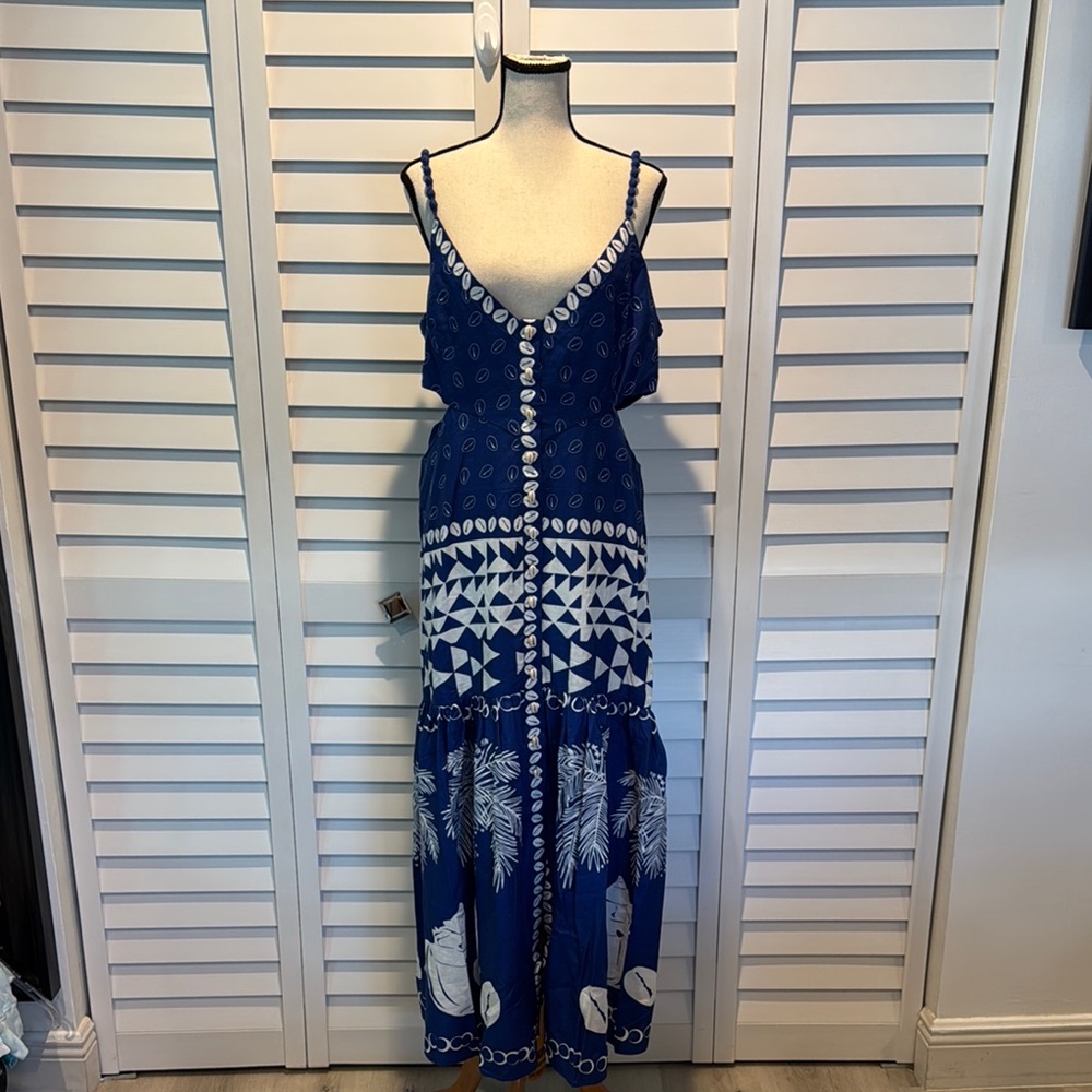 Farm Rio NWT Mixed Ondina Blue Midi Cut out/ ruched sided Dress buttoned down - Picture 4 of 12